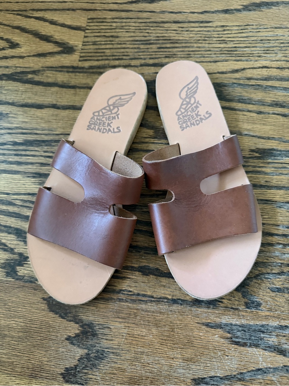 Ancient Greek Sandals Cognac Brown Double-Strap Leather Slides